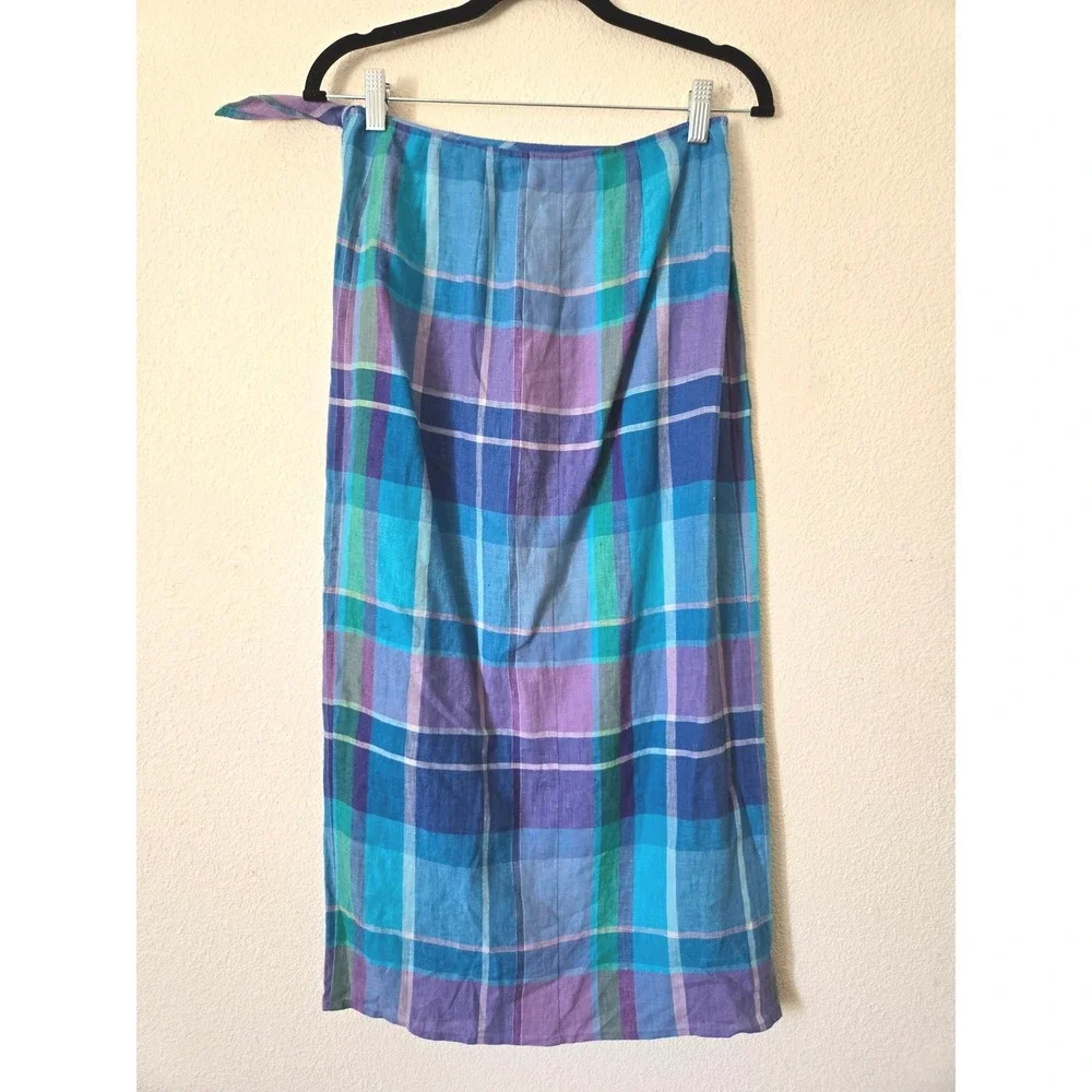 Lauren Ralph Lauren Womens 2 Petite Wrap Skirt Blue Plaid Linen Midi Preppy